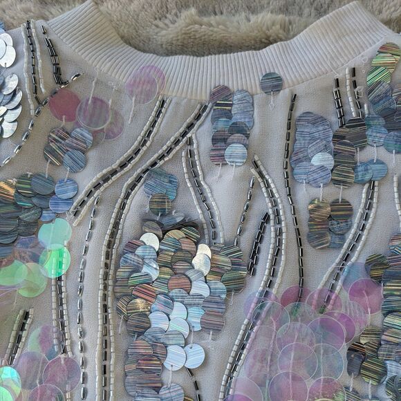 ASOS Pink Irridescent Sequins & Beaded White Bomber Jacket, Size 0 / 2 - Picture 5 of 11